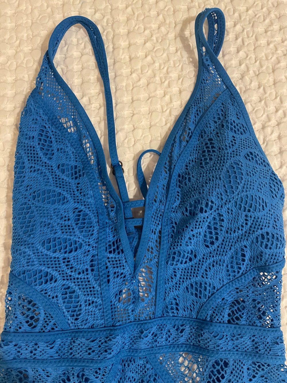 BECCA Blue Crochet One-Piece Swimsuit Size Large - Picture 2 of 5